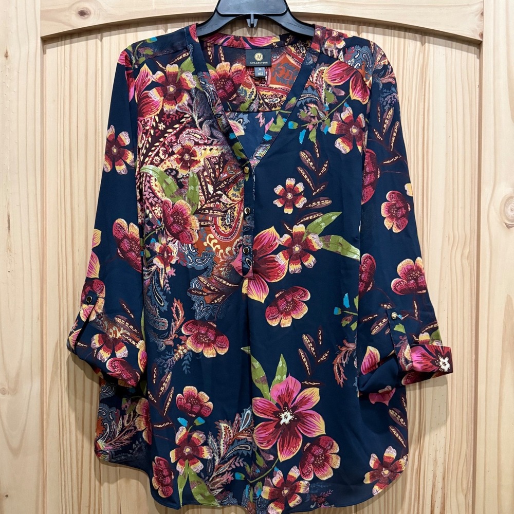 JM Collection Womens XL Navy Blue Floral Paisley Roll Tab Sleeve V-Neck Blouse